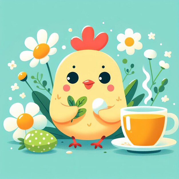 un pollo carino con una tazza di tè alle erbe Camomile Eater Egg Illustrazione piatta