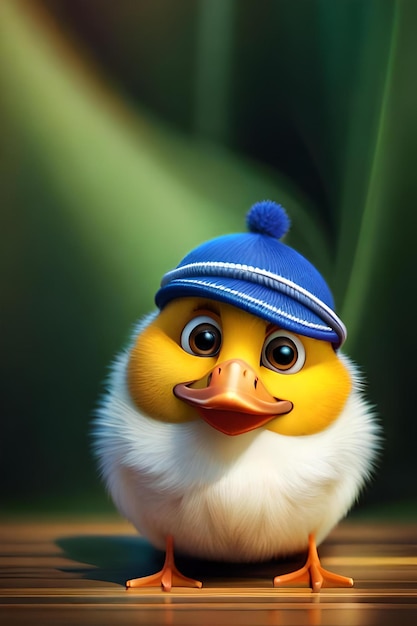 Un pollo cartone animato che indossa un cappello blu