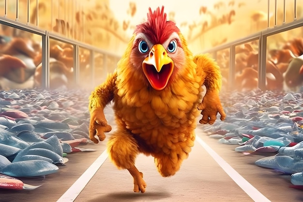 Un pollo che corre su una pista con un personaggio dei cartoni animati che dice "pollo"