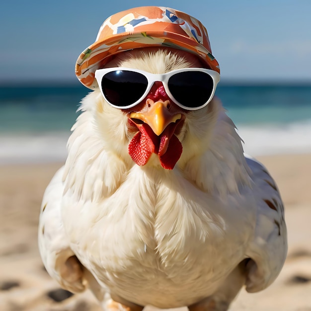 un pollo che indossa occhiali da sole e un cappello che si gode il sole sulla spiaggia generato dall'AI