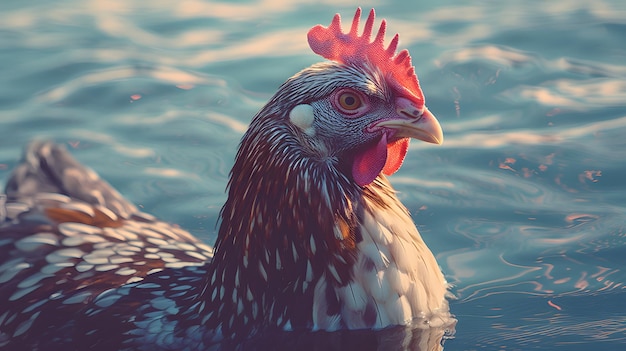 Un pollo che nuota in uno stagno con il sole che splende su di esso.