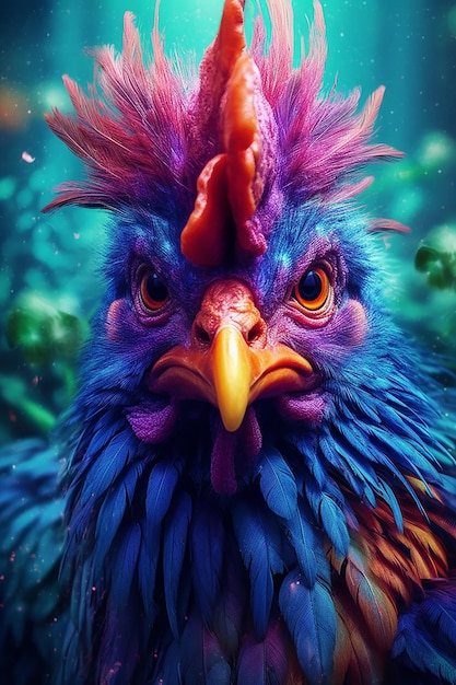 Un pollo colorato con una testa viola e piume viola.