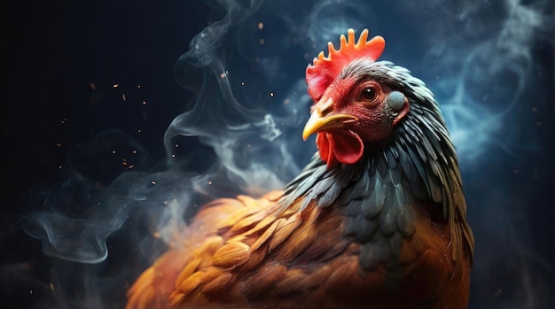 un pollo con un becco rosso è nel fumo