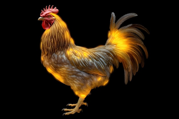 Un pollo con una coda giallo brillante e una coda rossa