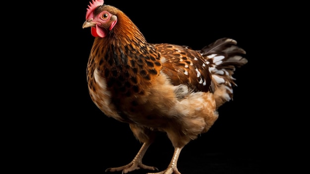 Un pollo è mostrato su uno sfondo nero.