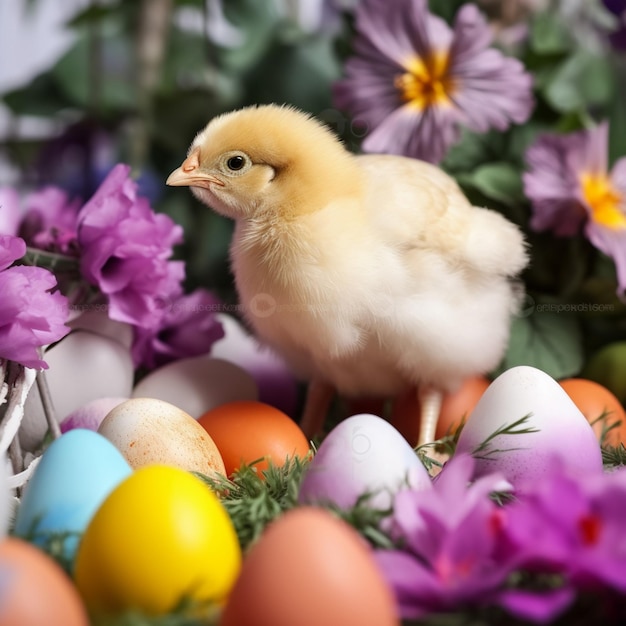 Un pollo è tra colorate uova di Pasqua e un fiore viola è sullo sfondo.