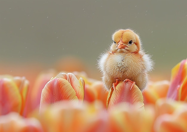 un pollo giallo si siede su un letto di fiori con la pioggia che cade su di esso