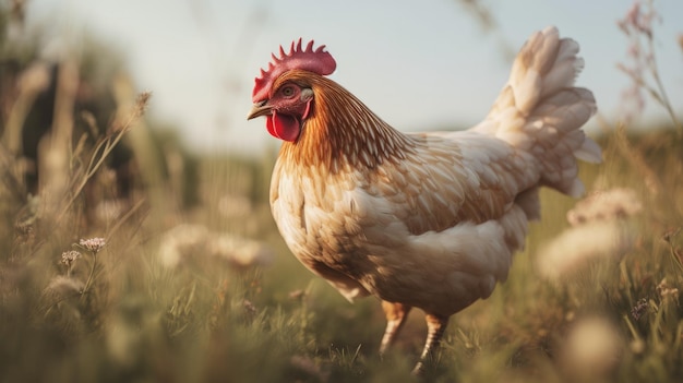 Un pollo in un campo con un tramonto sullo sfondo