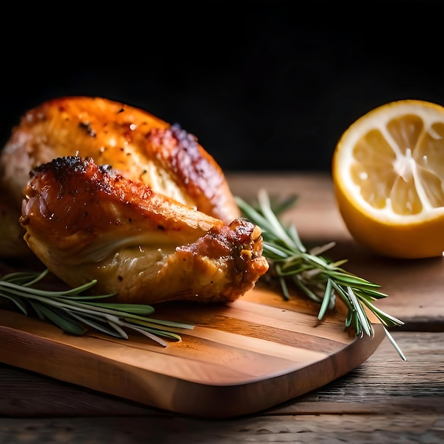 un pollo intero su un tagliere accanto a un limone