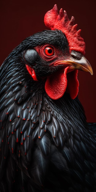 Un pollo nero e rosso con un occhio rosso