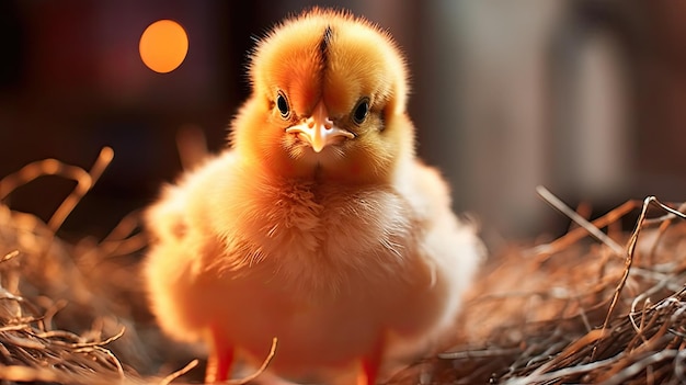 Un pollo siede in un nido con il becco aperto.