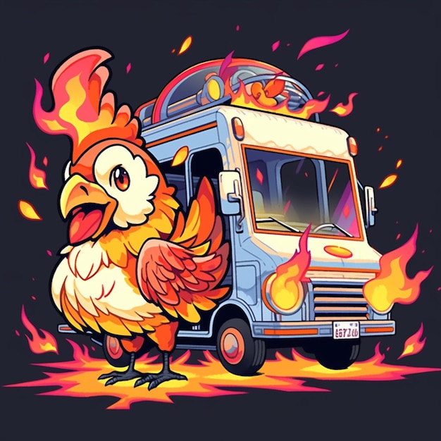 Un pollo su un camion dei pompieri con fiamme sul lato.