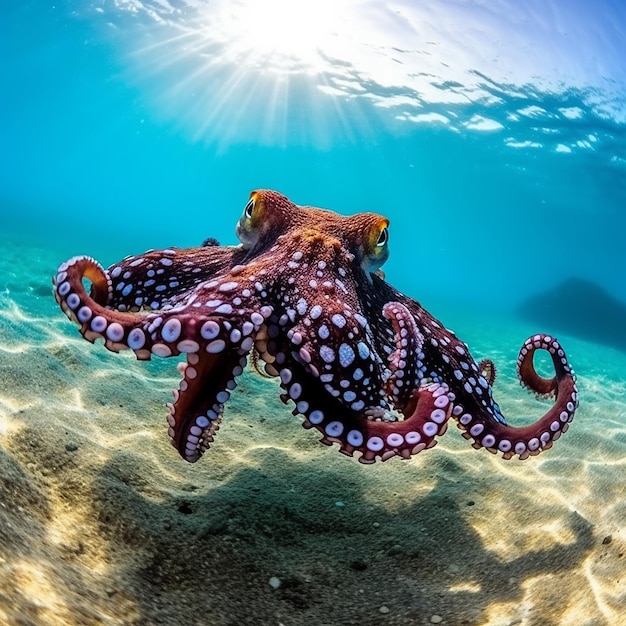 Un polpo nuota nell'oceano con il sole che splende sul dorso.