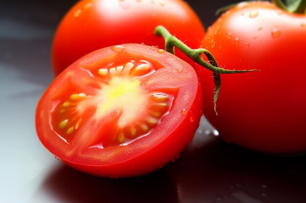 Un pomodoro con un gambo che ha un centro giallo.