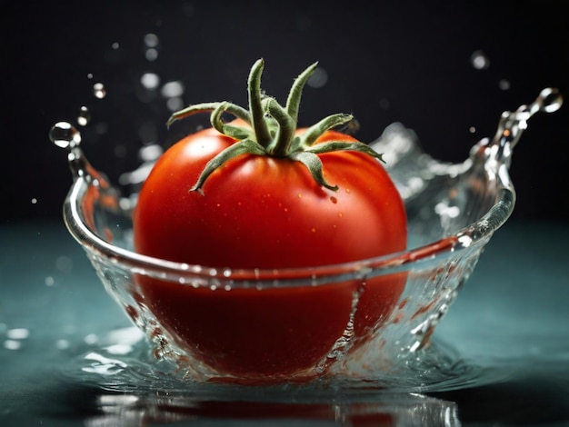 un pomodoro è in una ciotola d'acqua con l'acqua che spruzza intorno