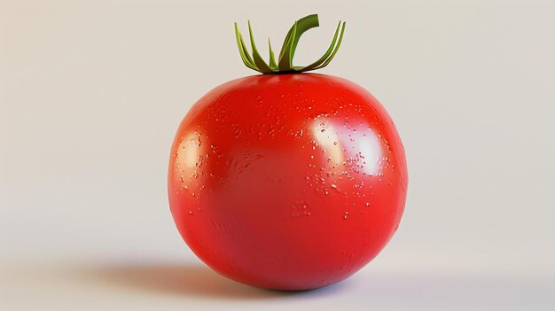 Un pomodoro fresco e maturo si trova su una superficie bianca Il pomodoro è rosso e succoso con un gambo e foglie verdi