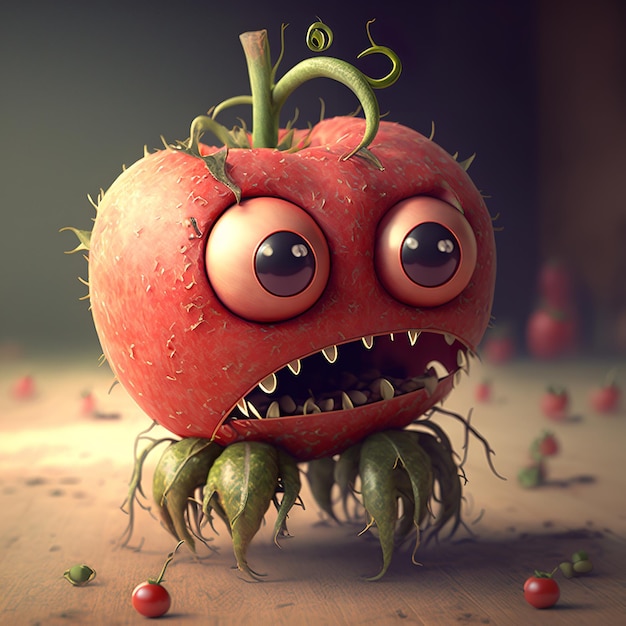 Un pomodoro mostruoso con occhi rossi arrabbiati