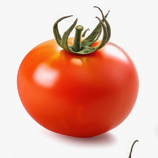 Un pomodoro rosso è su uno sfondo bianco con un gambo verde.