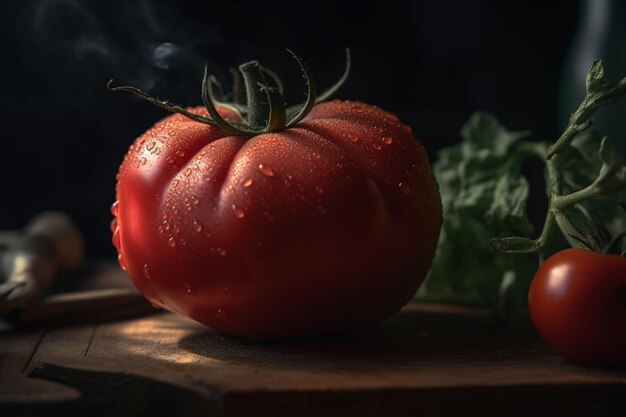 Un pomodoro su un tagliere di legno con uno sfondo nero