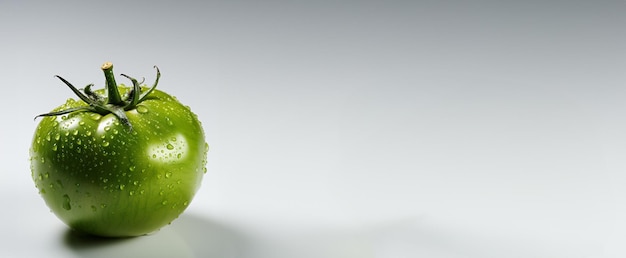 Un pomodoro verde con gocce d'acqua su uno sfondo grigio chiaro con un campo di testo