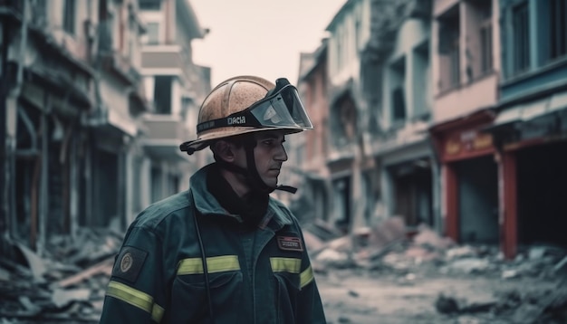 Un pompiere che cammina tra le macerie dopo il terremoto Generative Ai