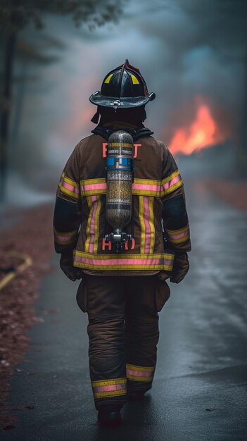 Un pompiere che cammina verso un incendio