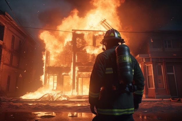 Un pompiere combatte un incendio usando il suo tubo per salvare un edificio in fiamme