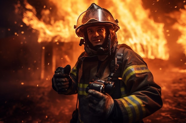 un pompiere in fiamme che si fa una foto