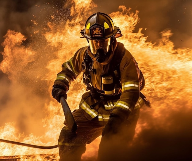 Un pompiere spegne un incendio