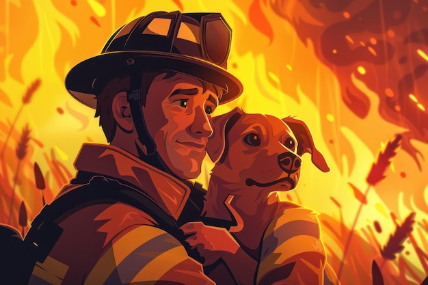 Un pompiere tiene un cane tra le braccia