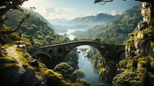 Un ponte che sovrasta una scogliera con alberi