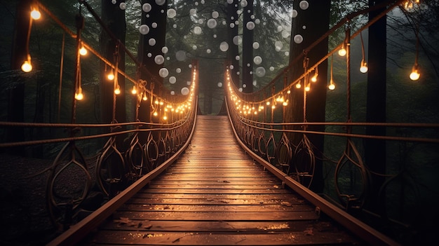 Un ponte con delle luci appese sopra di esso e una stringa di luci appesa da esso.