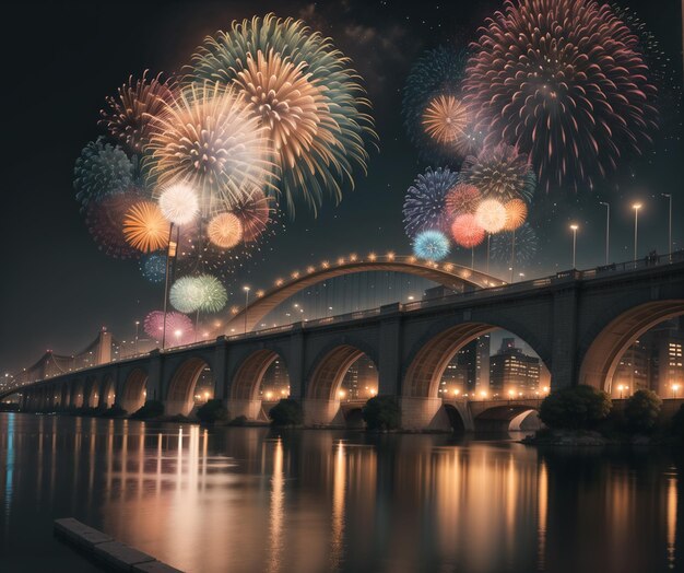 Un ponte con fuochi d'artificio nel cielo