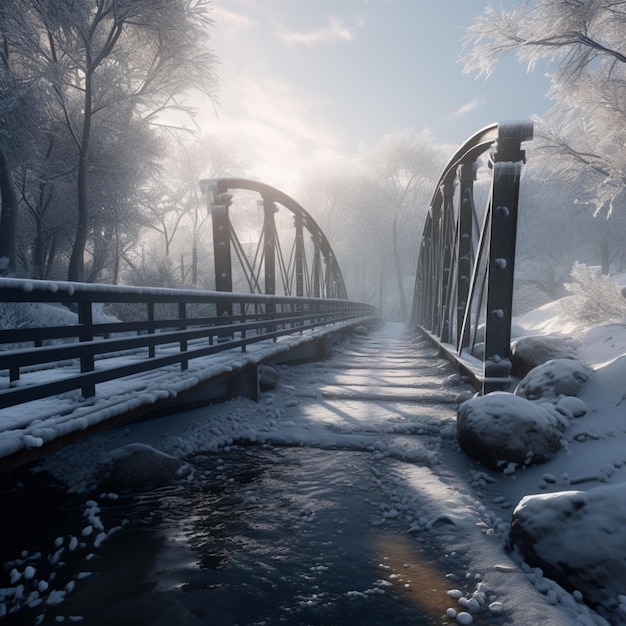 Un ponte con la neve sopra e il sole che splende su di esso.