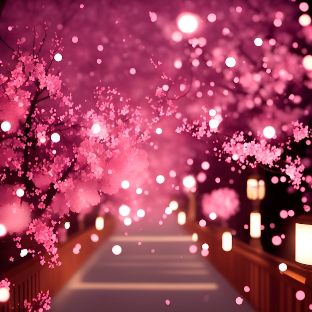 Un ponte con lanterne e una lanterna rosa con la scritta "sakura".