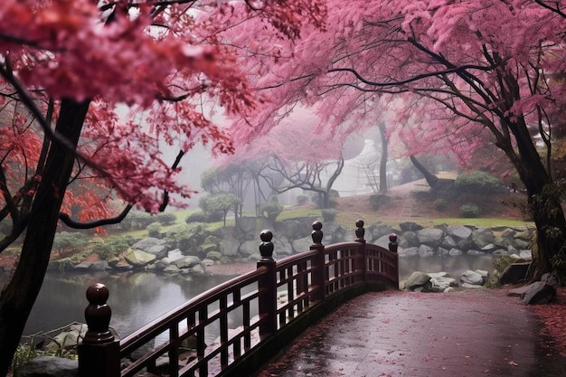 un ponte con un ponte e alberi sullo sfondo.