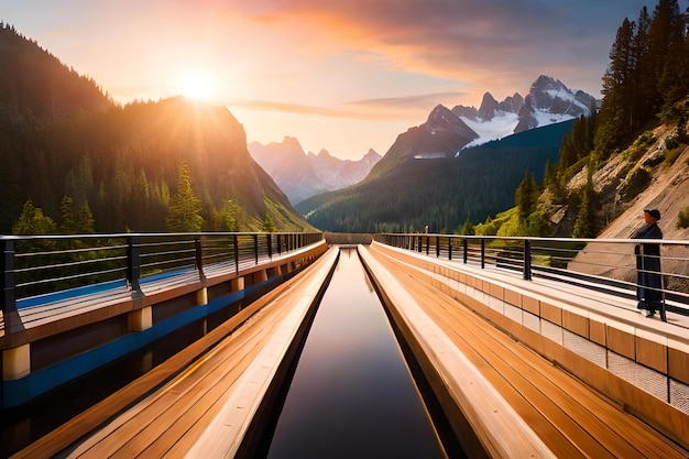 Un ponte con una montagna sullo sfondo