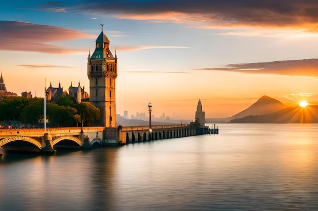 Un ponte con una torre dell'orologio e una città sullo sfondo