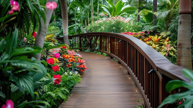 Un ponte di legno che si snoda attraverso un lussureggiante giardino botanico circondato da fiori colorati e fogliame verde