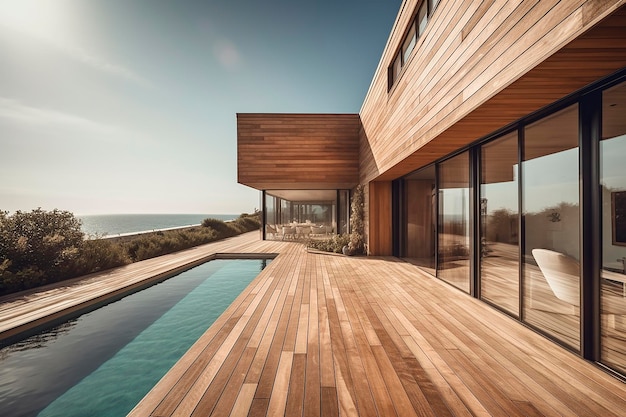 Un ponte di legno con una piscina e una casa sullo sfondo.