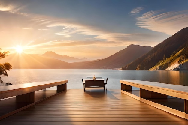 Un ponte di legno con vista sulle montagne e un tramonto.