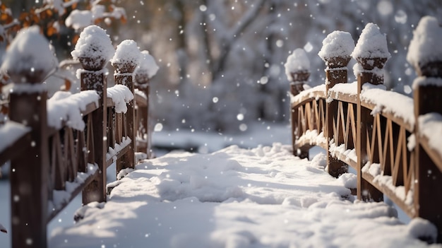 Un ponte di legno coperto di neve che abbraccia la pacifica atmosfera invernale Generative AI