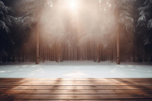 un ponte di legno di fronte a una foresta innevata