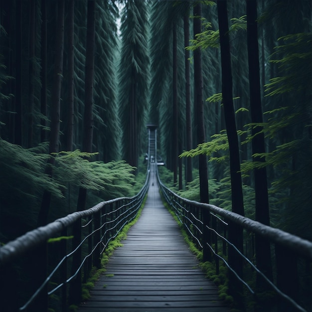 Un ponte di legno in una foresta oscura con un albero verde sullo sfondo.