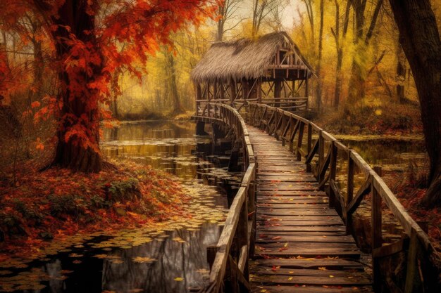 Un ponte di legno rustico circondato da colori autunnali creati con ai generativi