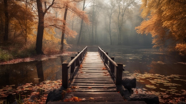 Un ponte di legno su un corpo d'acqua circondato da alberi