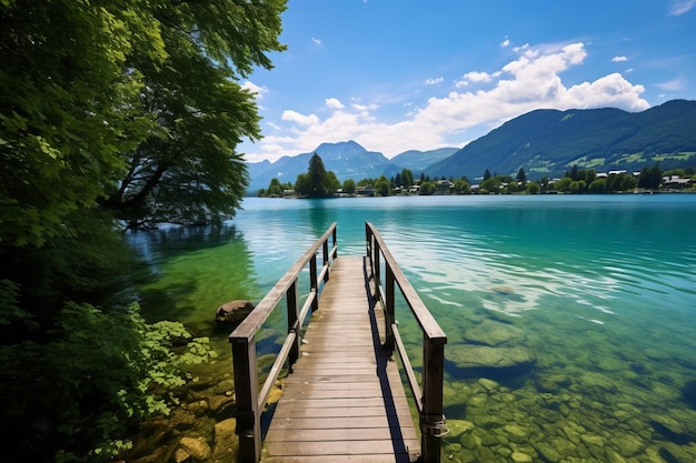 Un ponte di legno su un lago con le montagne sullo sfondo