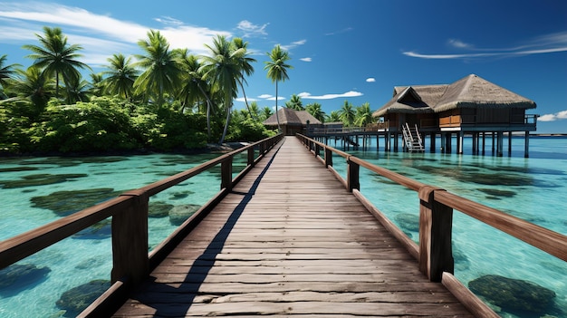 Un ponte di legno sull'oceano con palme sullo sfondo.