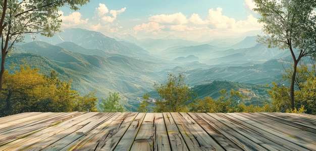 un ponte di legno vuoto con vista su una montagna idilliaca