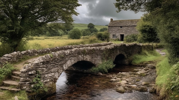 Un ponte di pietra su un ruscello con un ponte di pietra in primo piano.